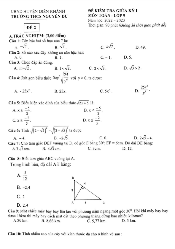 Đề giữa kỳ 1 Toán 9 năm 2022 – 2023 trường THCS Nguyễn Du – Khánh Hòa