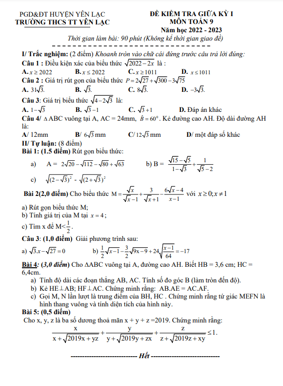 Đề giữa kỳ 1 Toán 9 năm 2022 – 2023 trường THCS TT Yên Lạc – Vĩnh Phúc