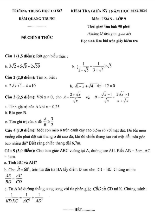 Đề giữa kỳ 1 Toán 9 năm 2023 – 2024 trường THCS Đàm Quang Trung – Đà Nẵng