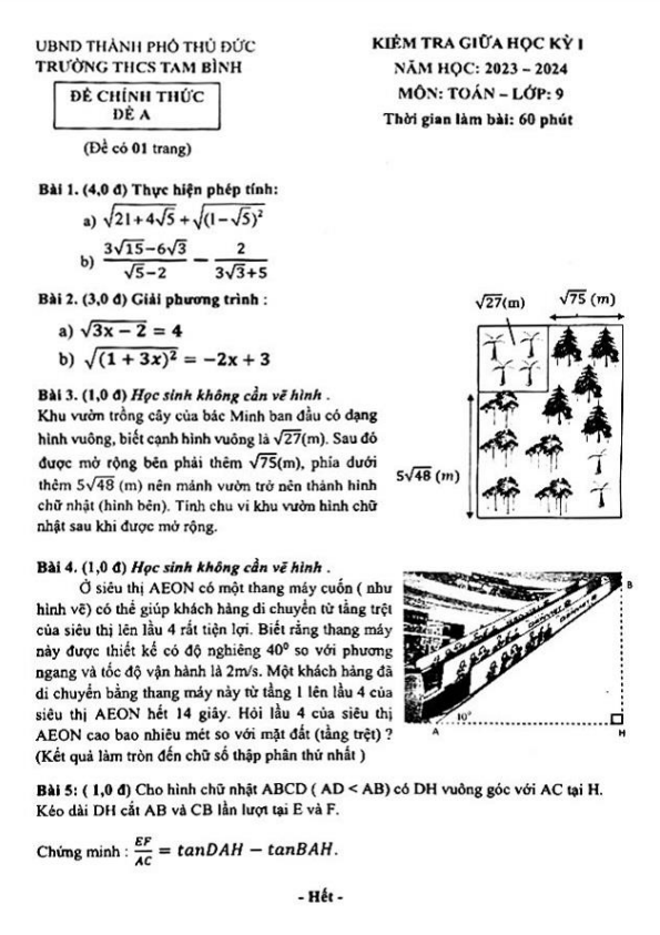 Đề giữa kỳ 1 Toán 9 năm 2023 – 2024 trường THCS Tam Bình – TP HCM