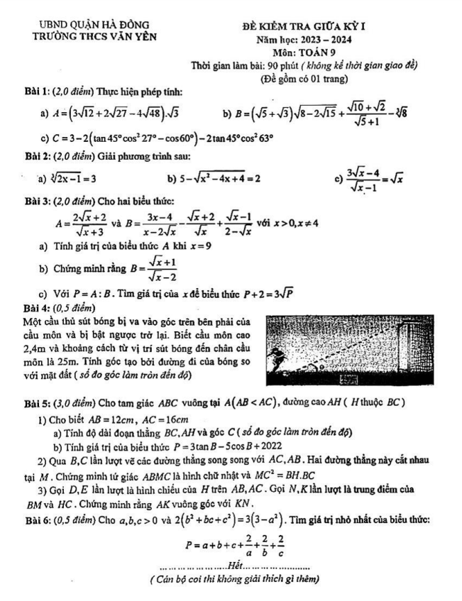 Đề giữa kỳ 1 Toán 9 năm 2023 – 2024 trường THCS Văn Yên – Hà Nội