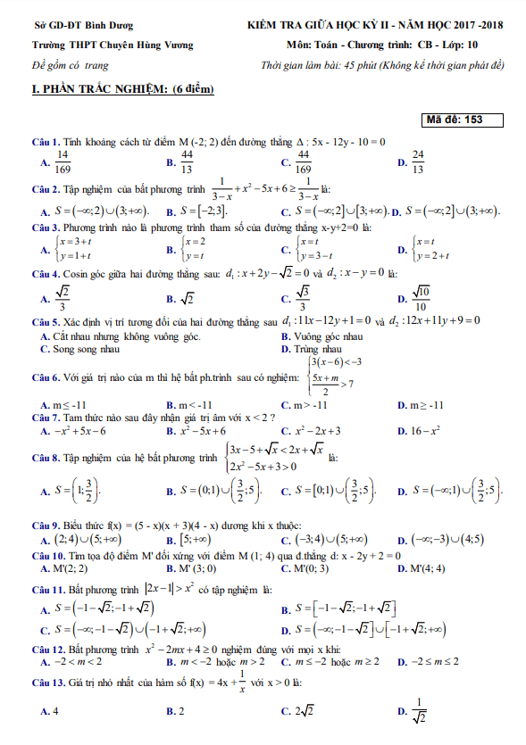 Đề giữa kỳ 2 Toán 10 CB năm 2017 – 2018 trường chuyên Hùng Vương – Bình Dương