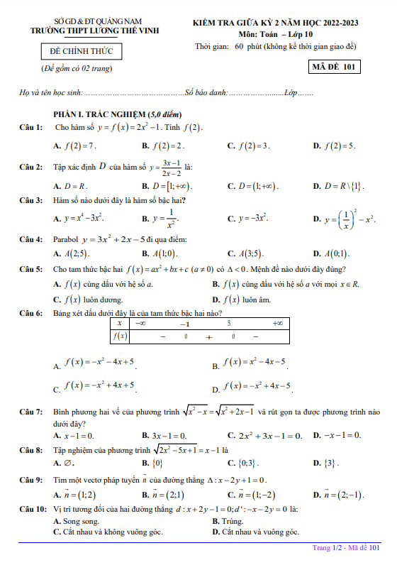 Đề giữa kỳ 2 Toán 10 năm 2022 – 2023 trường THPT Lương Thế Vinh – Quảng Nam