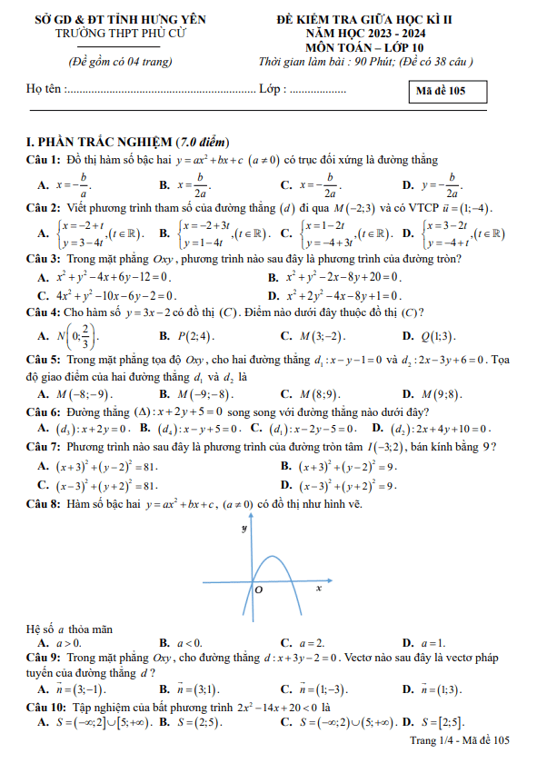 Đề giữa kỳ 2 Toán 10 năm 2023 – 2024 trường THPT Phù Cừ – Hưng Yên