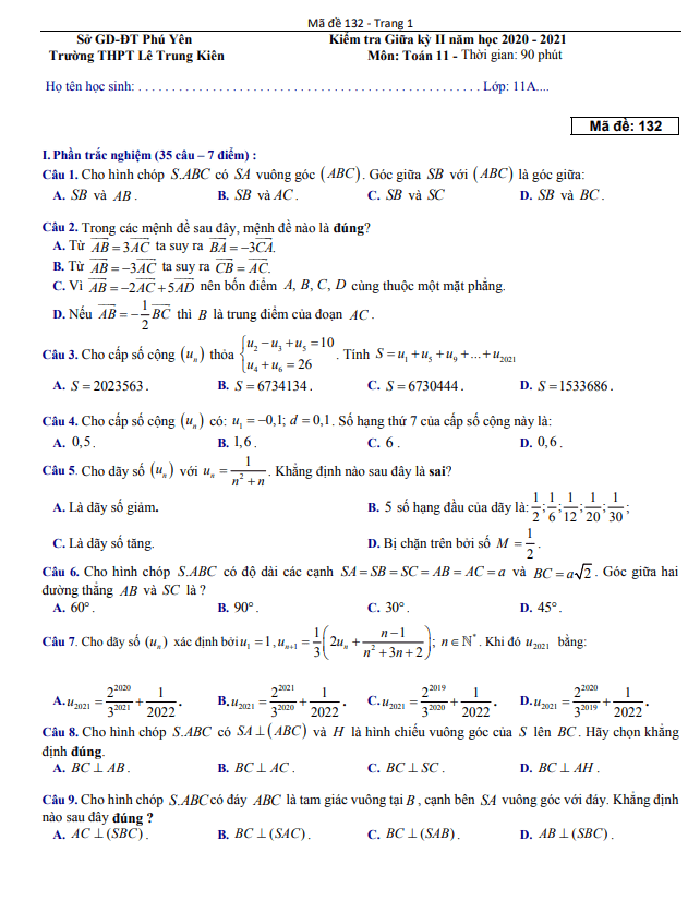 Đề giữa kỳ 2 Toán 11 năm 2020 – 2021 trường THPT Lê Trung Kiên – Phú Yên