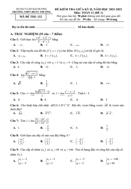 Đề giữa kỳ 2 Toán 11 năm 2021 – 2022 trường THPT Đoàn Thượng – Hải Dương