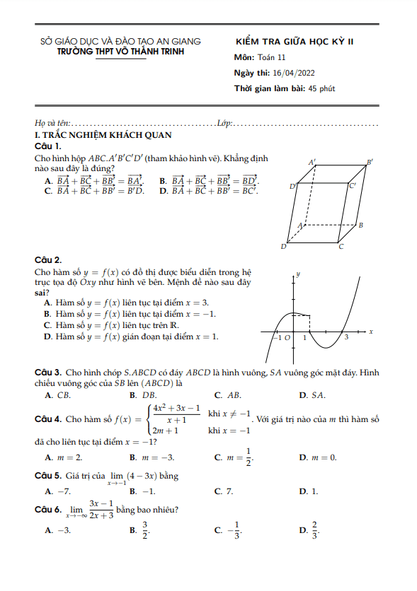 Đề giữa kỳ 2 Toán 11 năm 2021 – 2022 trường THPT Võ Thành Trinh – An Giang
