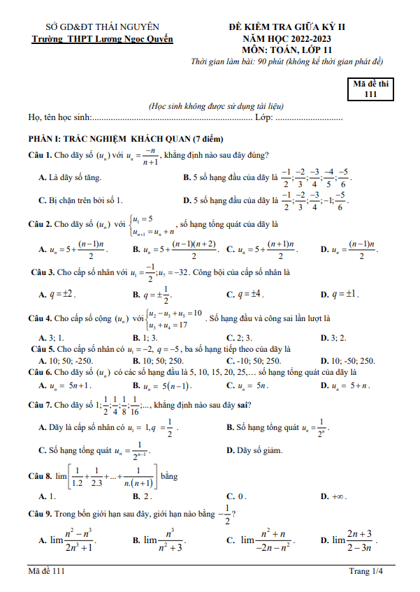 Đề giữa kỳ 2 Toán 11 năm 2022 – 2023 THPT Lương Ngọc Quyến – Thái Nguyên