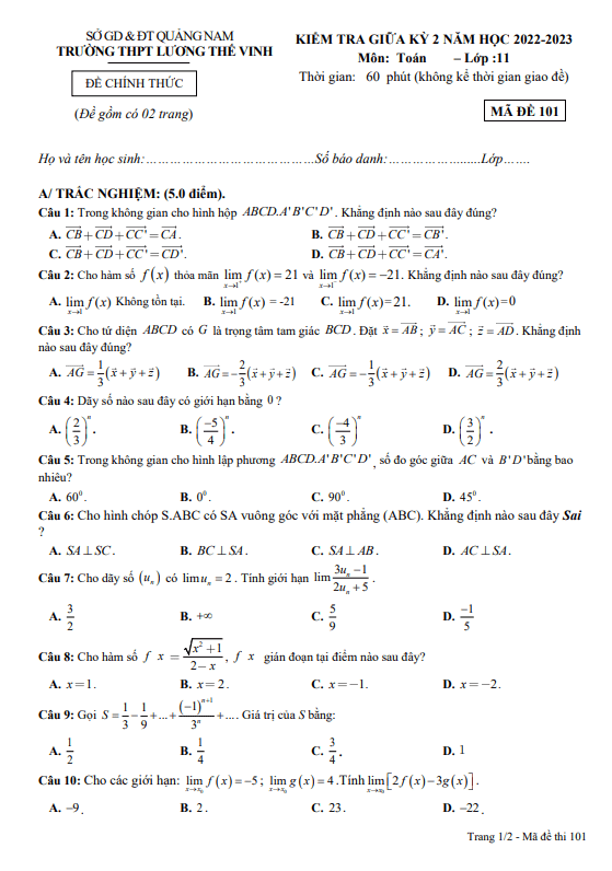 Đề giữa kỳ 2 Toán 11 năm 2022 – 2023 trường THPT Lương Thế Vinh – Quảng Nam