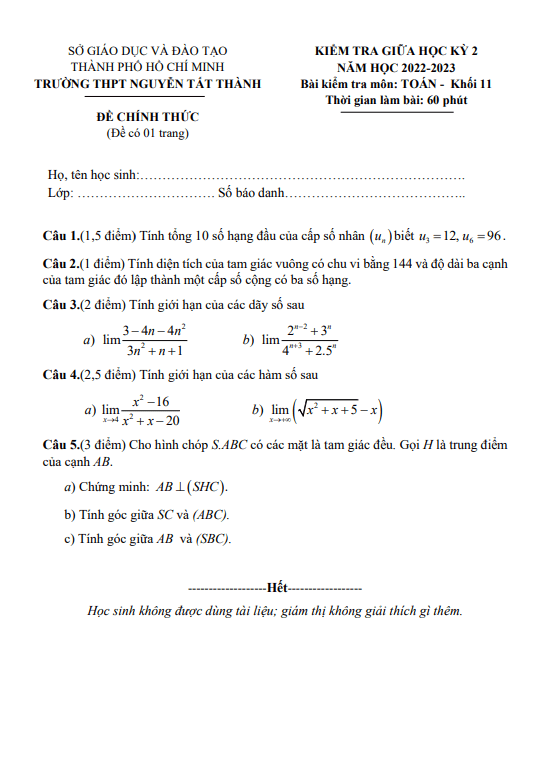Đề giữa kỳ 2 Toán 11 năm 2022 – 2023 trường THPT Nguyễn Tất Thành – TP HCM