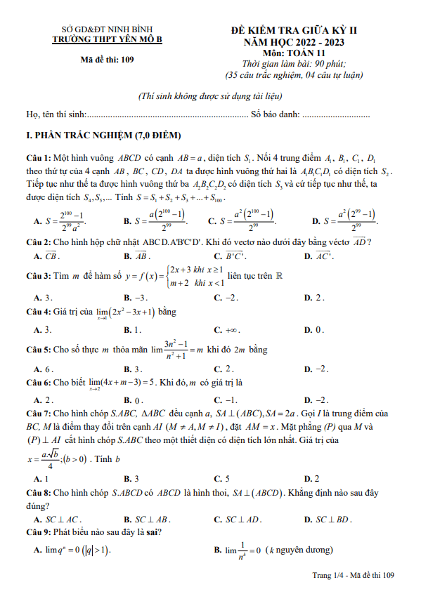 Đề giữa kỳ 2 Toán 11 năm 2022 – 2023 trường THPT Yên Mô B – Ninh Bình