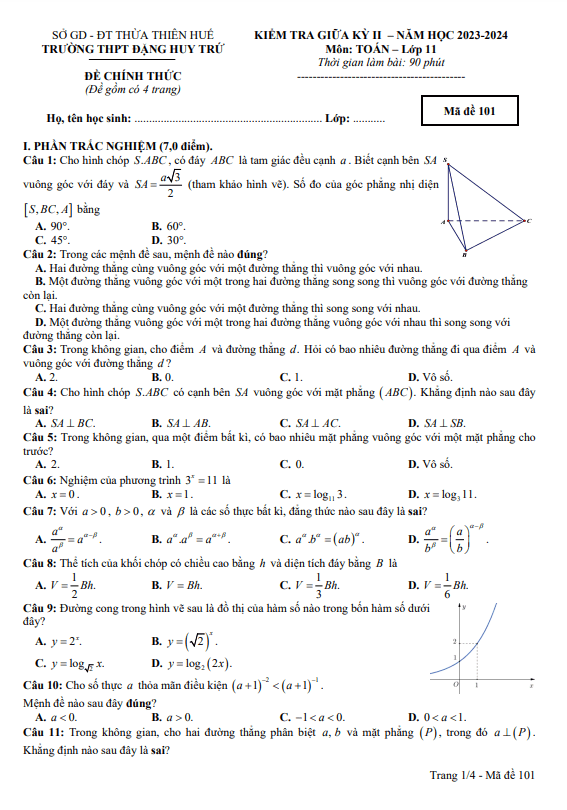 Đề giữa kỳ 2 Toán 11 năm 2023 – 2024 trường THPT Đặng Huy Trứ – TT Huế