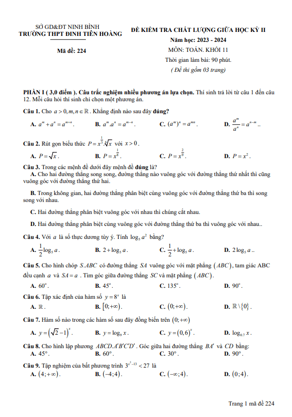 Đề giữa kỳ 2 Toán 11 năm 2023 – 2024 trường THPT Đinh Tiên Hoàng – Ninh Bình