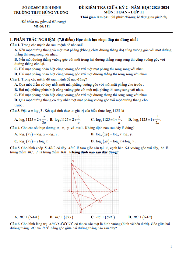 Đề giữa kỳ 2 Toán 11 năm 2023 – 2024 trường THPT Hùng Vương – Bình Định