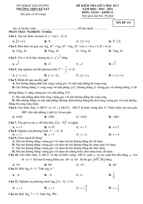 Đề giữa kỳ 2 Toán 11 năm 2023 – 2024 trường THPT Kẻ Sặt – Hải Dương