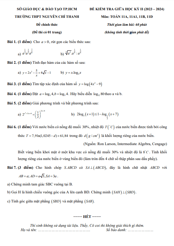 Đề giữa kỳ 2 Toán 11 năm 2023 – 2024 trường THPT Nguyễn Chí Thanh – TP HCM