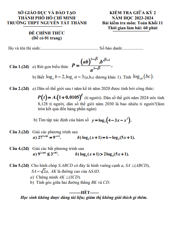 Đề giữa kỳ 2 Toán 11 năm 2023 – 2024 trường THPT Nguyễn Tất Thành – TP HCM