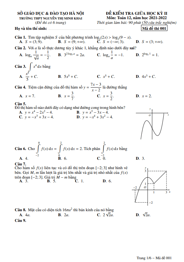 Đề giữa kỳ 2 Toán 12 năm 2021 – 2022 trường Nguyễn Thị Minh Khai – Hà Nội