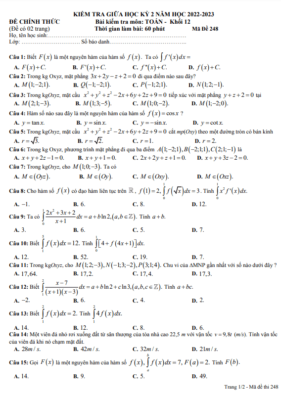 Đề giữa kỳ 2 Toán 12 năm 2022 – 2023 trường THPT Nguyễn Tất Thành – TP HCM