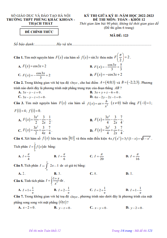Đề giữa kỳ 2 Toán 12 năm 2022 – 2023 trường THPT Phùng Khắc Khoan – Hà Nội