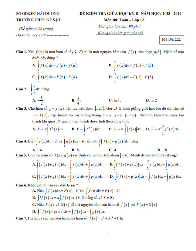 Đề giữa kỳ 2 Toán 12 năm 2023 – 2024 trường THPT Kẻ Sặt – Hải Dương