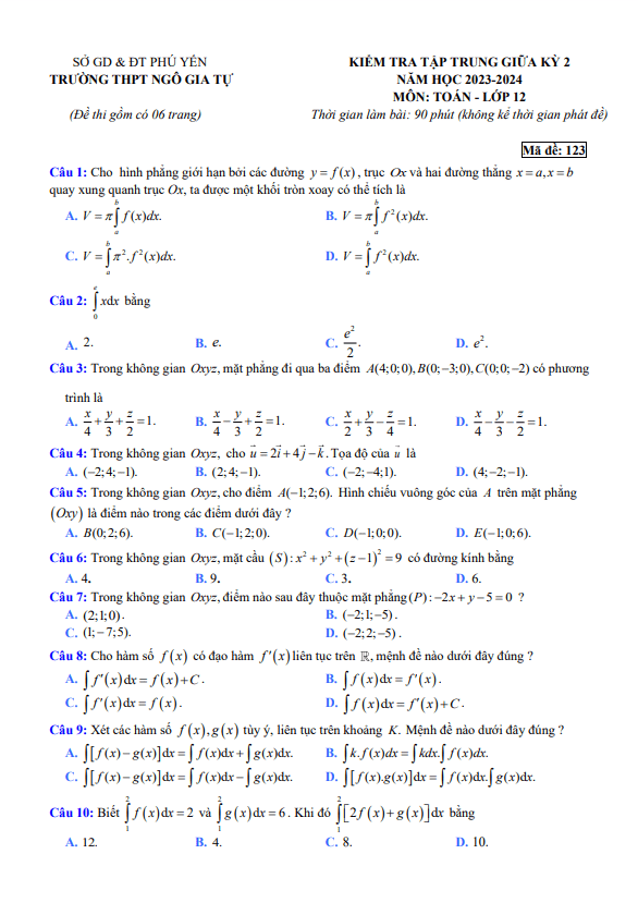 Đề giữa kỳ 2 Toán 12 năm 2023 – 2024 trường THPT Ngô Gia Tự – Phú Yên