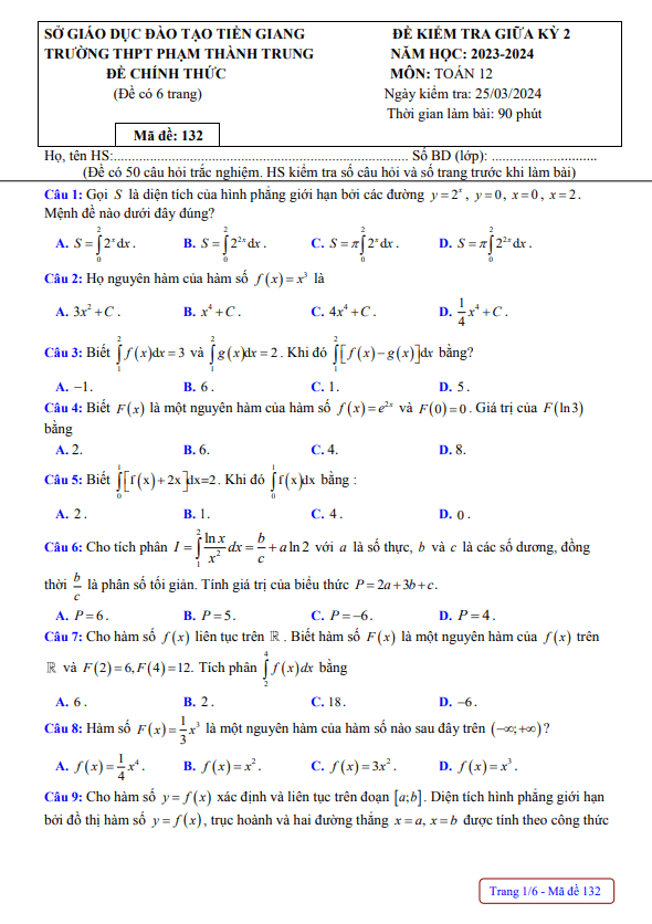 Đề giữa kỳ 2 Toán 12 năm 2023 – 2024 trường THPT Phạm Thành Trung – Tiền Giang