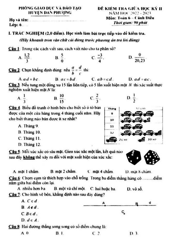 Đề giữa kỳ 2 Toán 6 Cánh Diều năm 2022 – 2023 phòng GD&ĐT Đan Phượng – Hà Nội