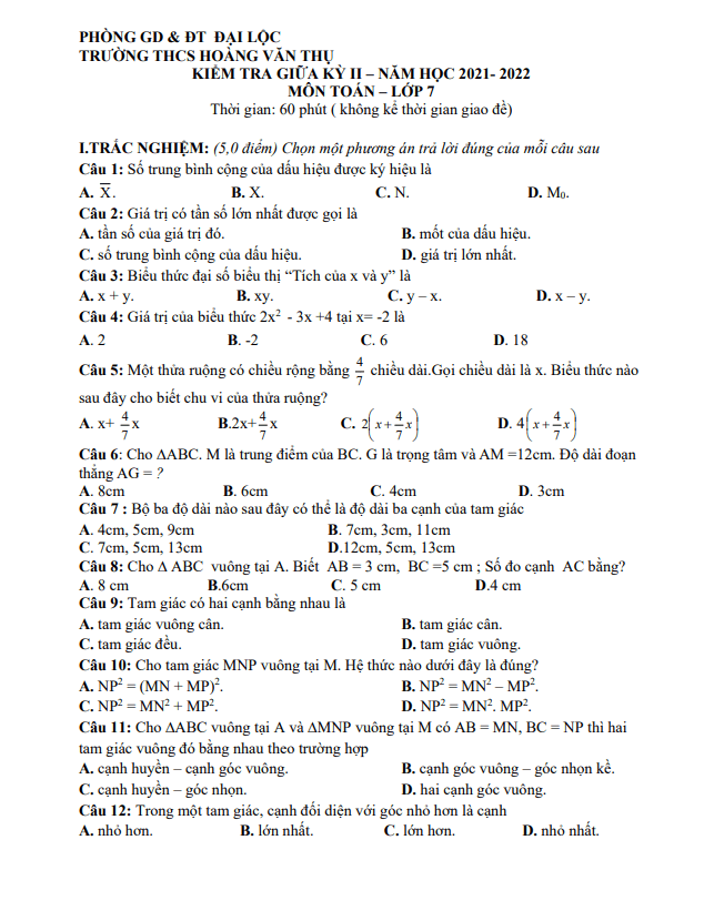 Đề giữa kỳ 2 Toán 7 năm 2021 – 2022 trường THCS Hoàng Văn Thụ – Quảng Nam
