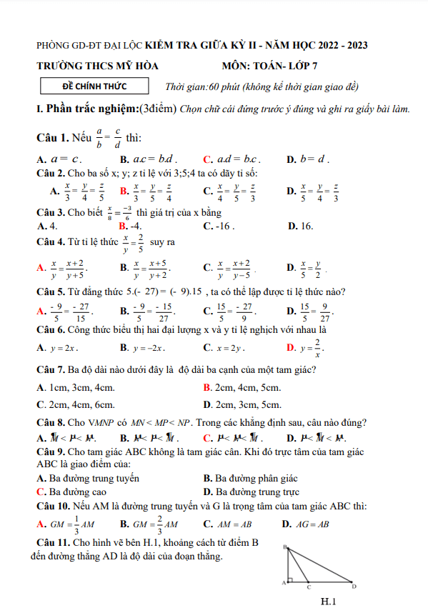 Đề giữa kỳ 2 Toán 7 năm 2022 – 2023 trường THCS Mỹ Hòa – Quảng Nam