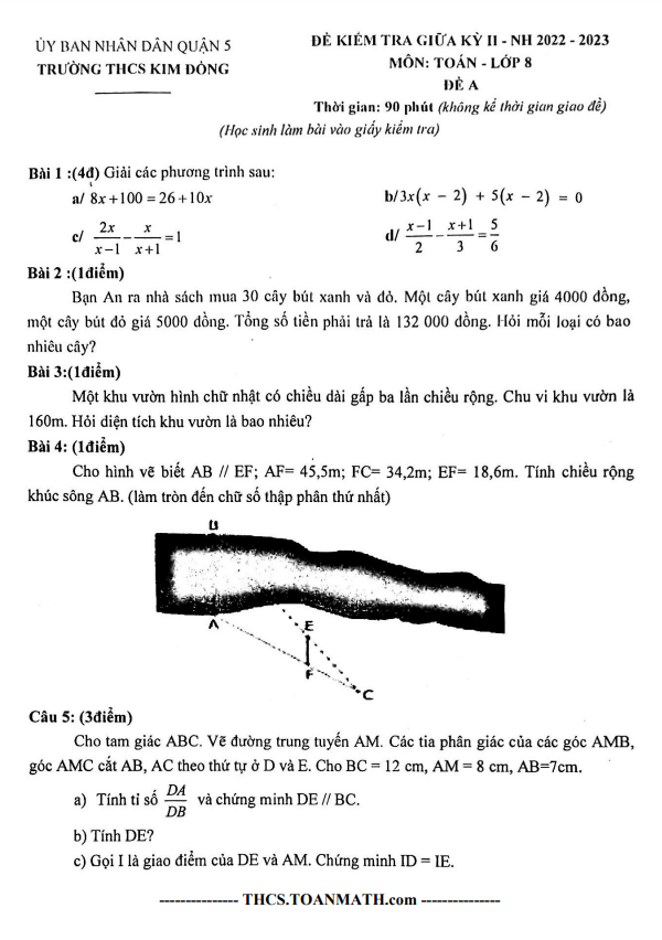 Đề giữa kỳ 2 Toán 8 năm 2022 – 2023 trường THCS Kim Đồng – TP HCM