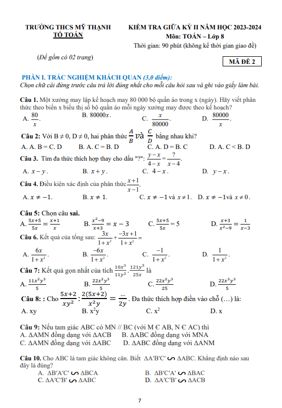 Đề giữa kỳ 2 Toán 8 năm 2023 – 2024 trường THCS Mỹ Thạnh – Bình Dương