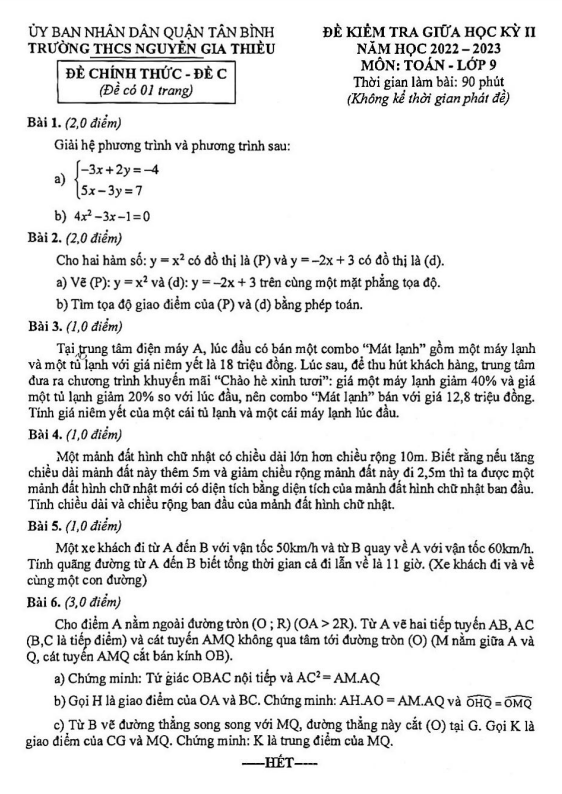 Đề giữa kỳ 2 Toán 9 năm 2022 – 2023 trường THCS Nguyễn Gia Thiều – TP HCM