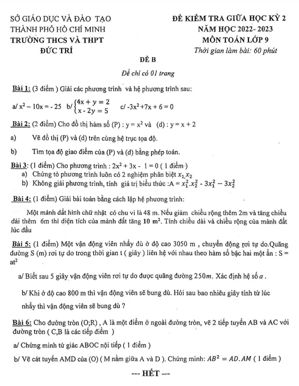 Đề giữa kỳ 2 Toán 9 năm 2022 – 2023 trường THCS & THPT Đức Trí – TP HCM