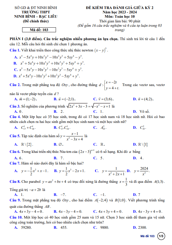 Đề GK2 Toán 10 năm 2023 – 2024 trường THPT Ninh Bình – Bạc Liêu – Ninh Bình