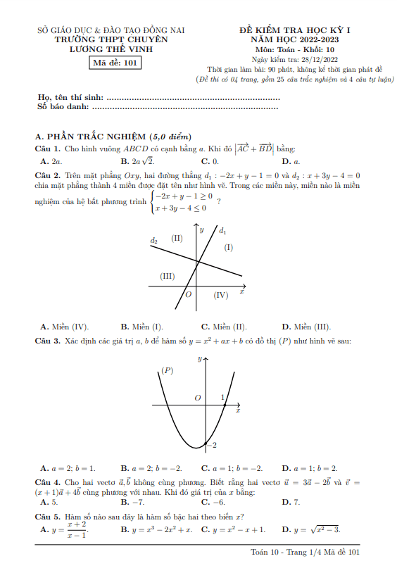 Đề học kì 1 Toán 10 năm 2022 – 2023 trường chuyên Lương Thế Vinh – Đồng Nai