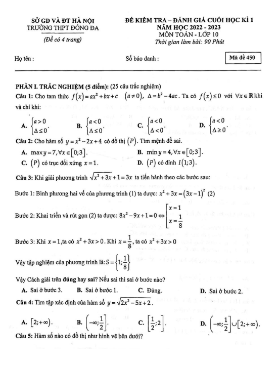 Đề học kì 1 Toán 10 năm 2022 – 2023 trường THPT Đống Đa – Hà Nội