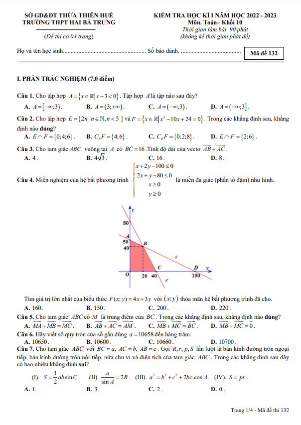 Đề học kì 1 Toán 10 năm 2022 – 2023 trường THPT Hai Bà Trưng – TT Huế