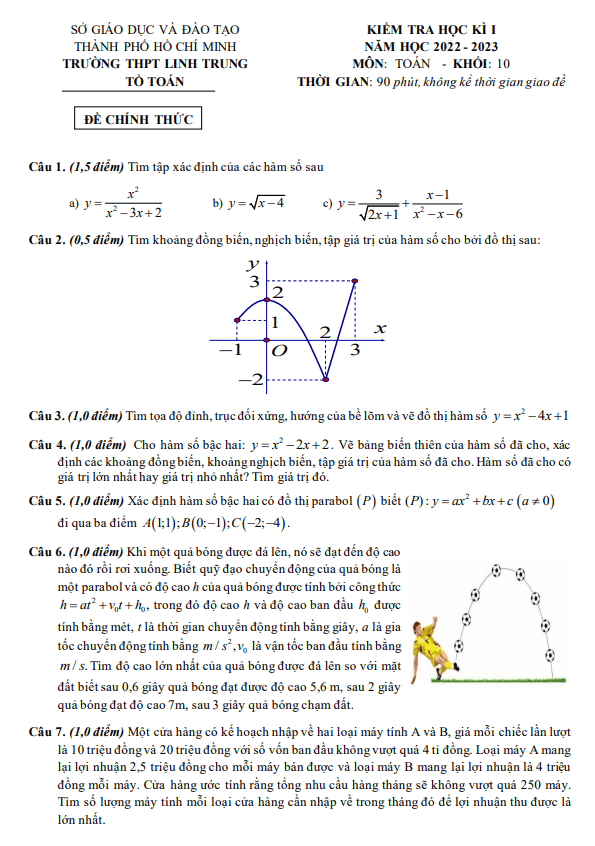 Đề học kì 1 Toán 10 năm 2022 – 2023 trường THPT Linh Trung – TP HCM