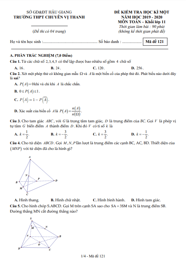 Đề học kì 1 Toán 11 năm 2019 – 2020 trường THPT chuyên Vị Thanh – Hậu Giang