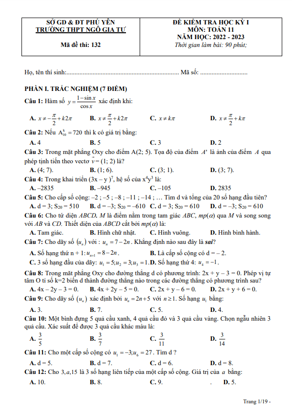 Đề học kì 1 Toán 11 năm 2022 – 2023 trường THPT Ngô Gia Tự – Phú Yên
