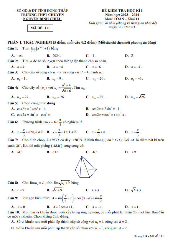 Đề học kì 1 Toán 11 năm 2023 – 2024 trường chuyên Nguyễn Đình Chiểu – Đồng Tháp