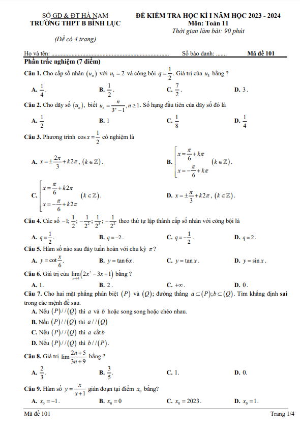 Đề học kì 1 Toán 11 năm 2023 – 2024 trường THPT B Bình Lục – Hà Nam