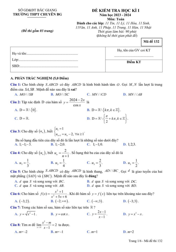 Đề học kì 1 Toán 11 năm 2023 – 2024 trường THPT chuyên Bắc Giang