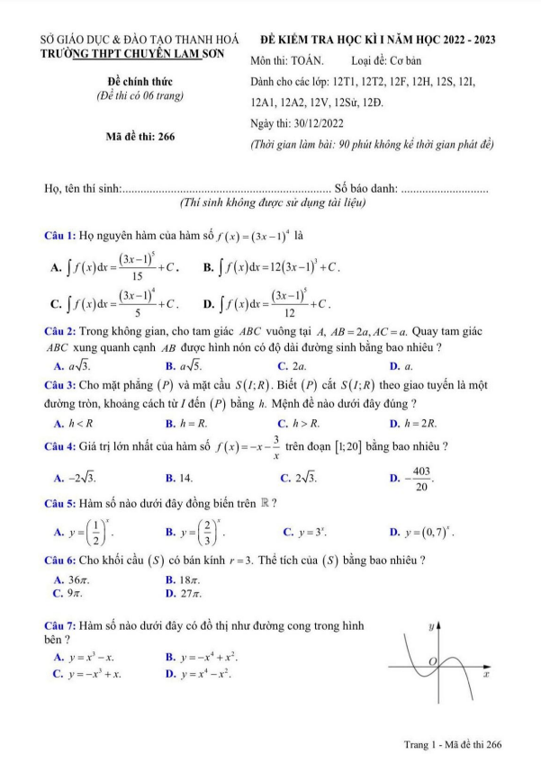 Đề học kì 1 Toán 12 năm 2022 – 2023 trường chuyên Lam Sơn – Thanh Hóa
