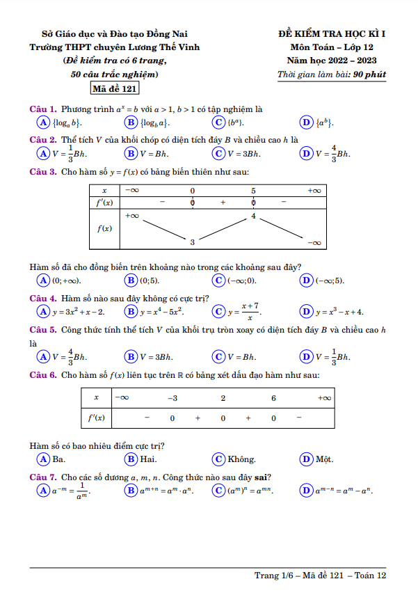 Đề học kì 1 Toán 12 năm 2022 – 2023 trường chuyên Lương Thế Vinh – Đồng Nai