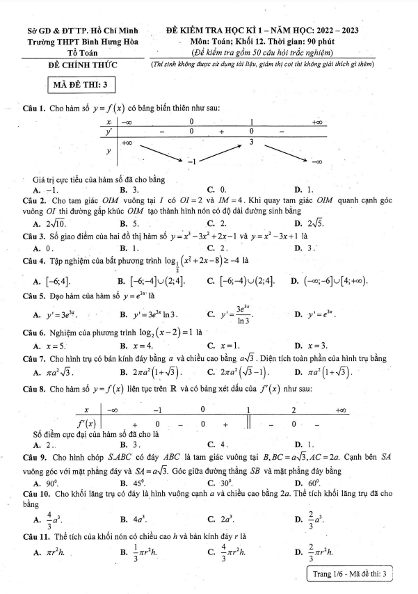 Đề học kì 1 Toán 12 năm 2022 – 2023 trường THPT Bình Hưng Hòa – TP HCM
