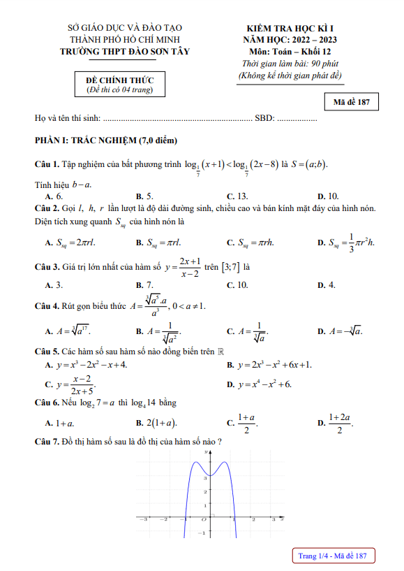 Đề học kì 1 Toán 12 năm 2022 – 2023 trường THPT Đào Sơn Tây – TP HCM