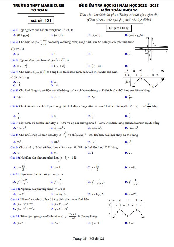 Đề học kì 1 Toán 12 năm 2022 – 2023 trường THPT Marie Curie – TP HCM