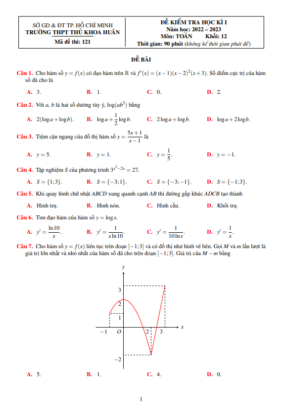 Đề học kì 1 Toán 12 năm 2022 – 2023 trường THPT Thủ Khoa Huân – TP HCM